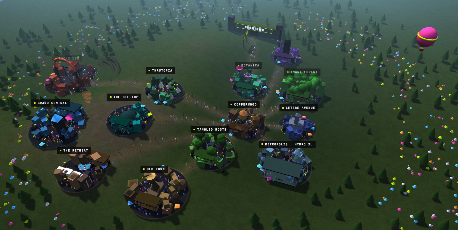 Daytime view of the FASTION Boomtown 3D fan map — all districts, tents and trees across the valley